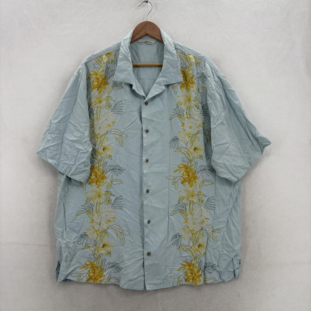Tommy Bahama Shirt Mens XL Blue Tropical Floral Silk Short Sleeve Hawaiian Beach
